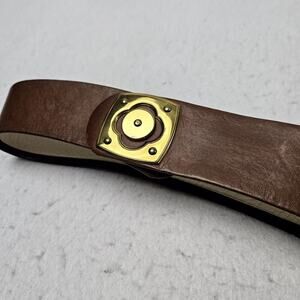 Vintage Brown Leather Waist Belt Size 26 Gold Buckle Roger Van S Classic Clover